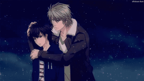two anime characters hugging each other in the snow .
