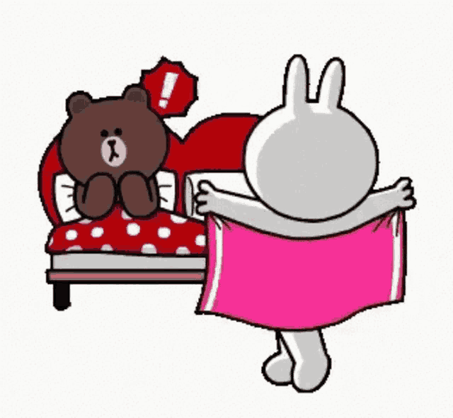 a cartoon of a rabbit holding a towel next to a teddy bear on a bed