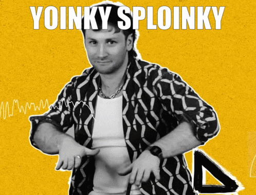 a man in a black and white shirt is pointing at his stomach with the words yoinky sploinky written above him