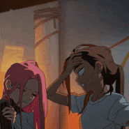 a man and a woman are standing next to each other and the woman has pink hair