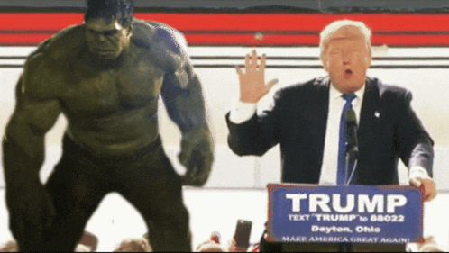 hulk and trump are standing next to each other with a trump sign in the foreground