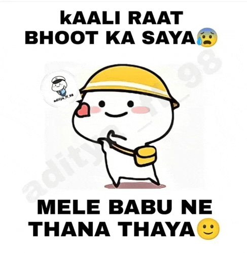 a cartoon character wearing a yellow helmet with the words kaali raat bhoot ka saya