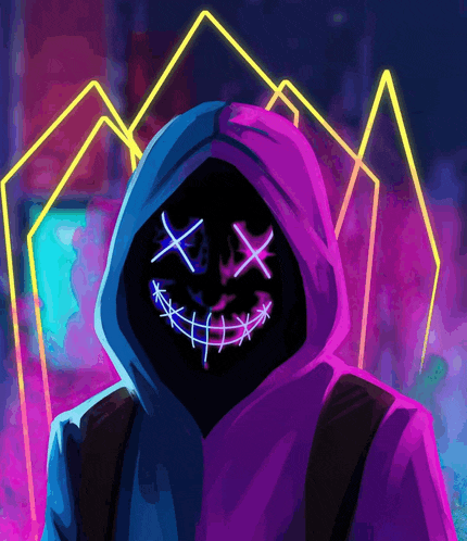 a person in a purple hoodie with a neon smiley face on their face