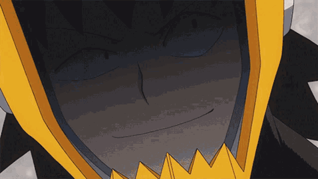 a close up of a cartoon character wearing a black and yellow helmet