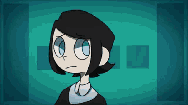 a cartoon of a girl with black hair and white eyes