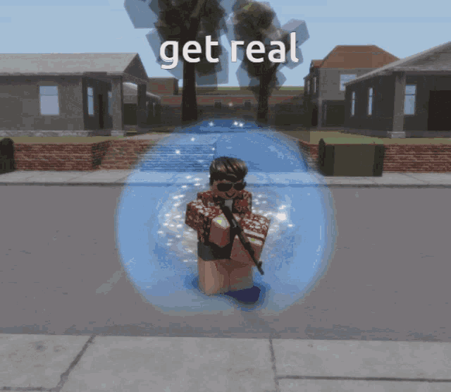 a person in a video game is surrounded by water and the words get real are above them