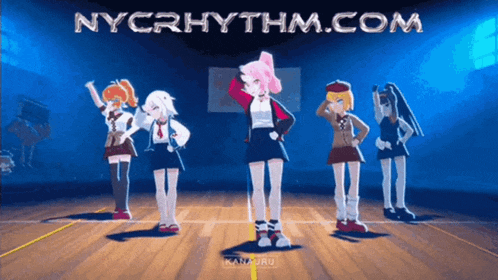 a group of anime girls are dancing in front of a nycrhythm.com banner