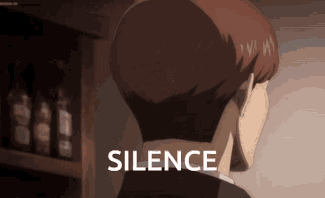 a man in a suit stands in front of a shelf with bottles and the word silence written on the bottom