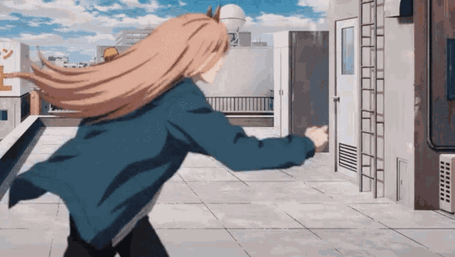 a girl with long blonde hair is running on a rooftop in a city .
