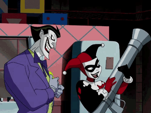 the joker and harley quinn are standing next to each other in a cartoon
