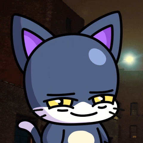 a cartoon cat with a purple ear and yellow eyes is smiling