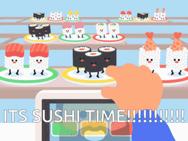 a person is playing a sushi game on a tablet and says it 's sushi time !!!