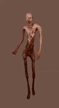 a 3d rendering of a zombie with very long legs and arms standing on a brown background .