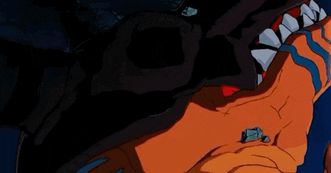 a close up of a cartoon character 's face with a red eye .