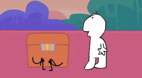 a cartoon character is sitting next to an open chest