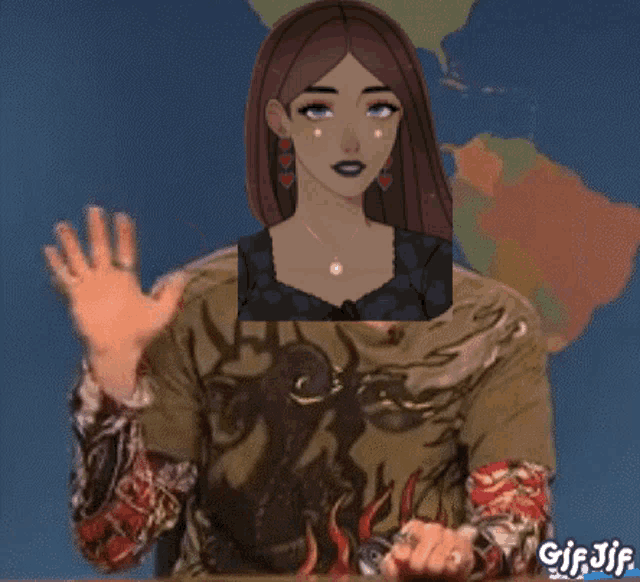 a gif of a woman waving her hand with a map of the world behind her