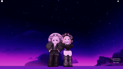 a couple of cartoon characters standing next to each other with a purple background