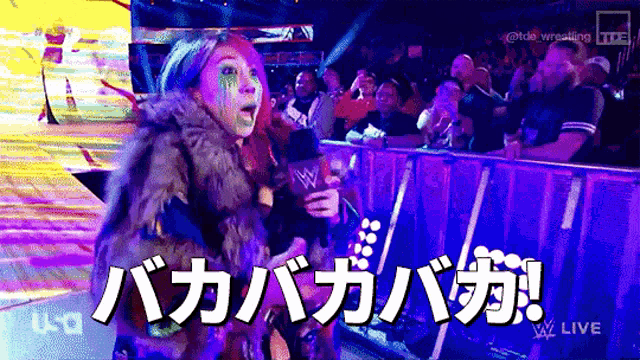 a woman in a fur coat is holding a microphone in front of a crowd that is watching a wrestling match .