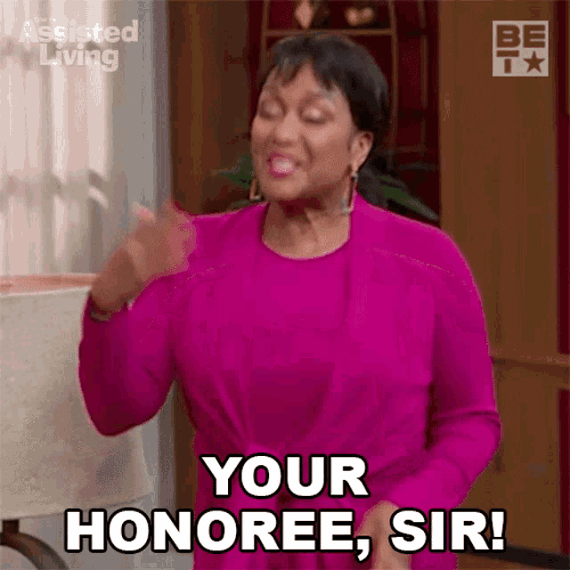a woman in a pink dress is dancing and saying your honoree sir