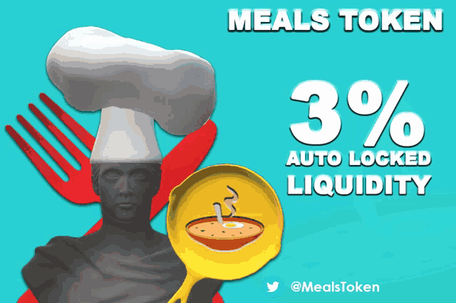 a statue with a chef 's hat and a frying pan with the words meals token on it
