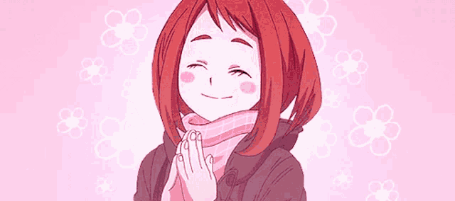 a girl with red hair is smiling and holding her hands together on a pink background surrounded by flowers .