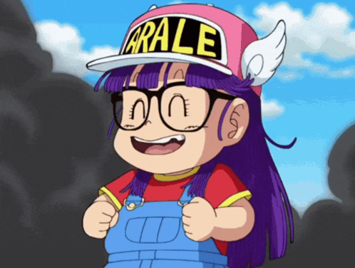 arale is a cartoon character with purple hair and overalls