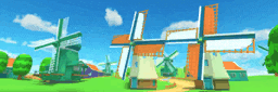 a cartoon landscape with windmills and houses on a sunny day .