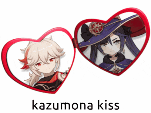a picture of two anime characters with the words kazumona kiss underneath them