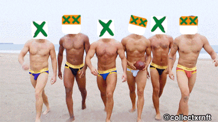 a group of men with x 's on their faces walking on a beach