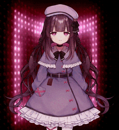 a girl with purple hair is wearing a purple dress and a hat