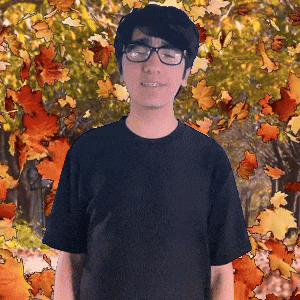 a young man wearing glasses and a black shirt is standing in front of a autumn background