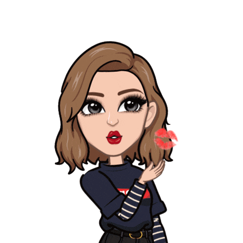 a cartoon of a girl blowing a kiss with a red kiss mark on her face