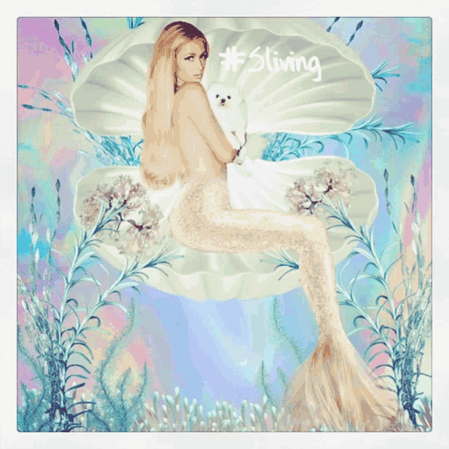 a painting of a mermaid holding a small white dog with #sliving written on it