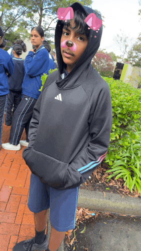 a person wearing a black adidas hoodie with a dog face painted on their face