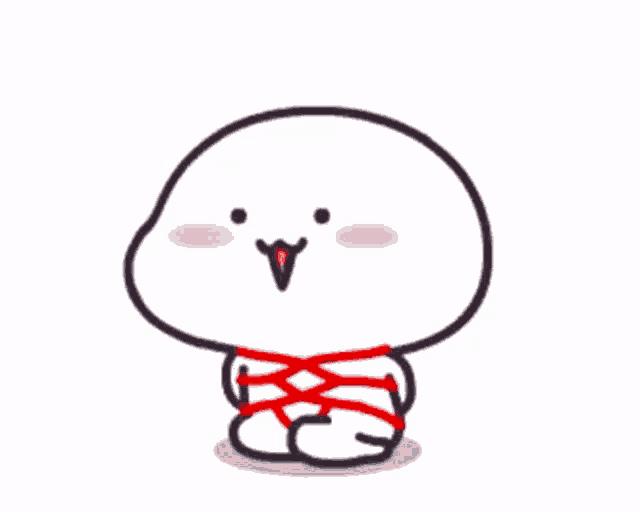 a cartoon character is tied up with a red ribbon and is smiling .