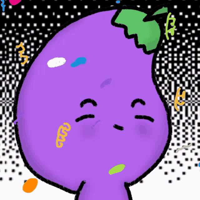 a cartoon drawing of a purple eggplant with its eyes closed