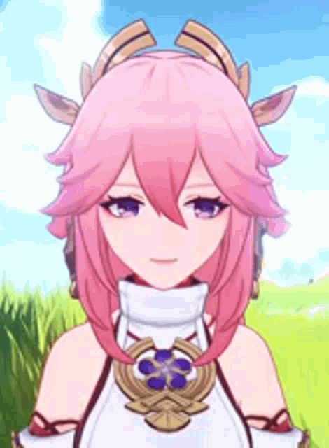 a girl with pink hair and purple eyes is wearing a necklace and a crown .