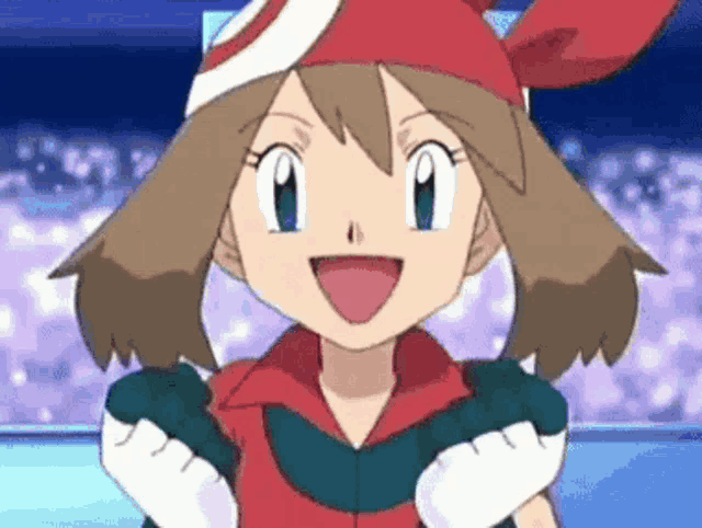 may from pokemon is wearing a red hat and gloves .