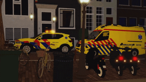 a yellow ambulance with the number 24132 on the side