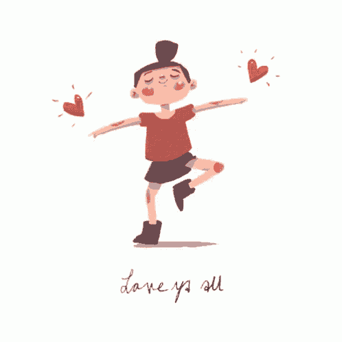 a cartoon of a girl surrounded by hearts with the words love you all written below her