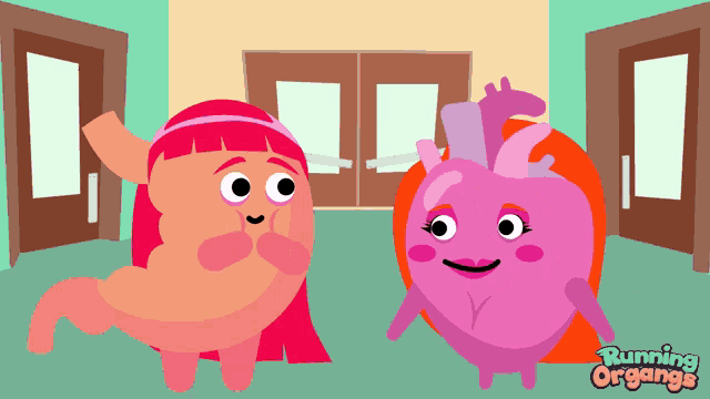 a cartoon illustration of a girl and a heart with the words running organs on the bottom right