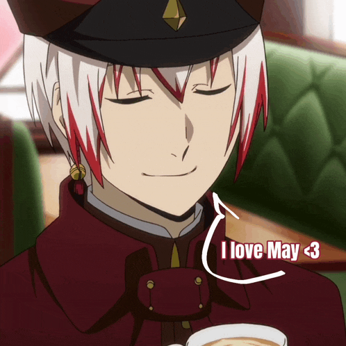 a man with red and white hair is smiling while holding a cup of coffee with the words i love may < 3 below him