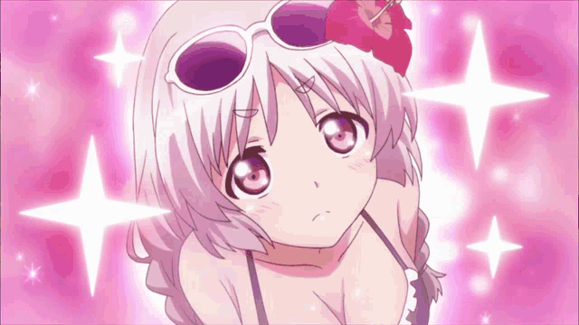 a girl wearing sunglasses and a flower in her hair is surrounded by pink stars
