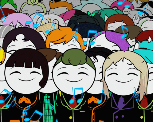 a cartoon of a group of people with musical notes behind them