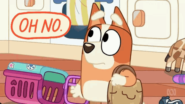 a cartoon dog is holding a bag and a shopping cart and says oh no