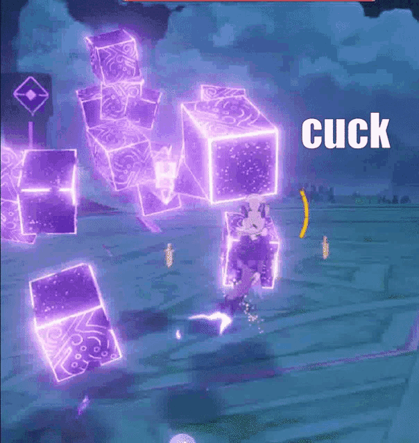 a video game scene with purple cubes and the word cuck in the corner