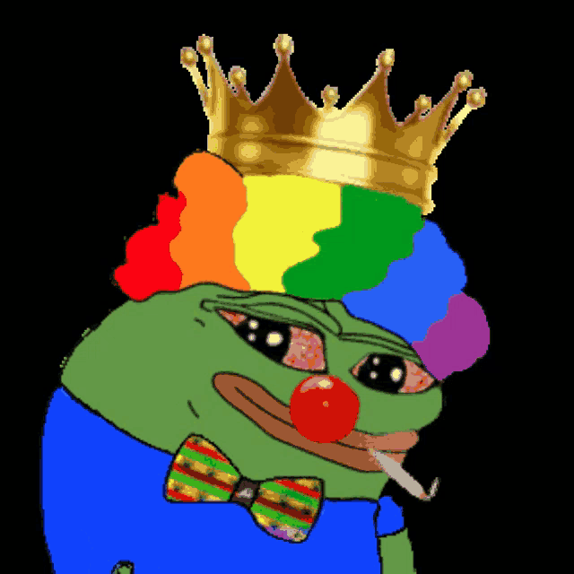 a cartoon frog with a crown and rainbow hair