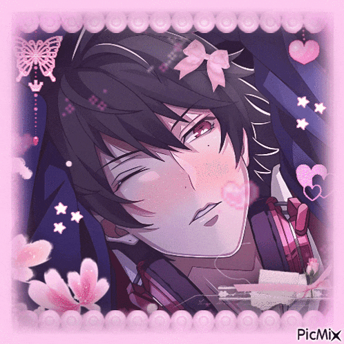 a picture of a boy with headphones and a bow in his hair is displayed on a pink background