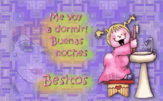 a cartoon of a girl brushing her teeth with the words me voy a dormir buenas noches behind her