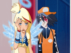 a cartoon of a girl with angel wings and a boy with a broken arm
